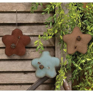 3 Set Primitive Flower w Rusty Jingle Bell Ornaments - The Fox Decor
